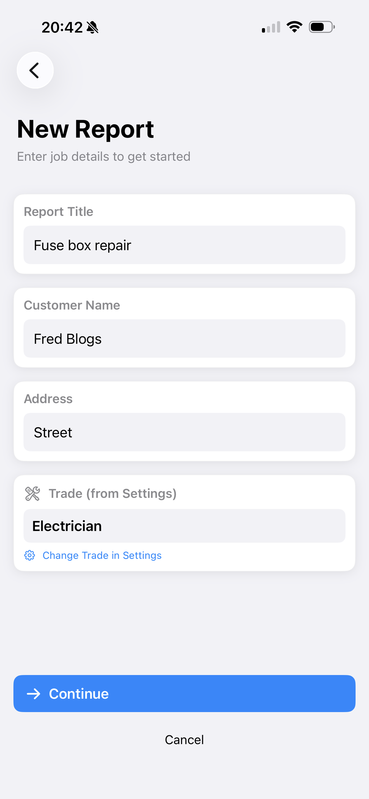 New report details screen