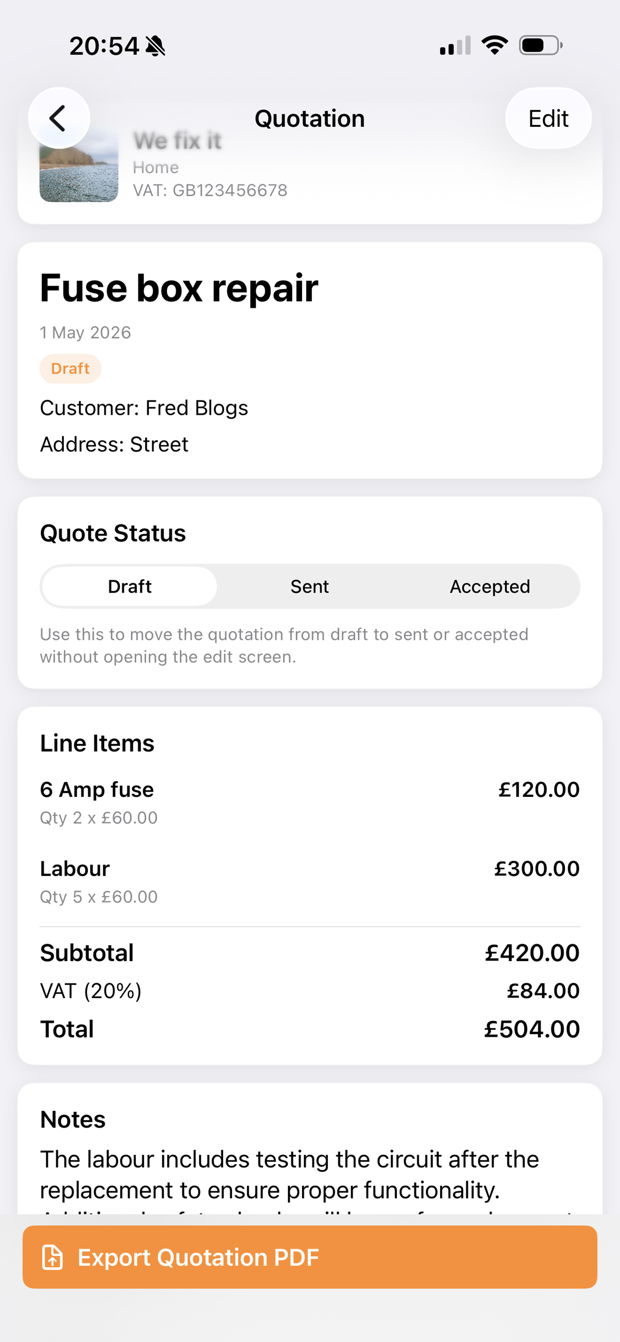 Quotation screen